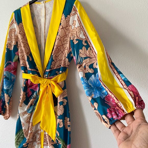 Rushed Maxi Dress size L Shein Multicolor Floral Long Sleeve V Neck - Picture 2 of 14